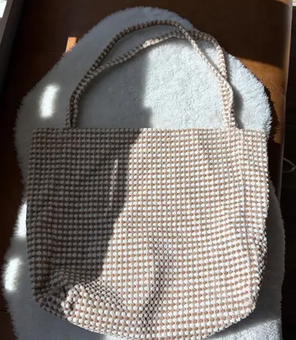 Woven Tote Bag, Crochet Style Knit, Textured, Shoulder Bag Tan