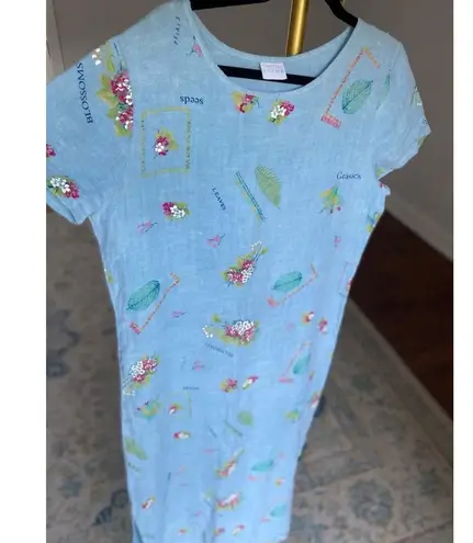 Vintage Stamp Floral Maxi Dress Garden Summer Spring 100 Cotton Boho Lightweight Blue Size M