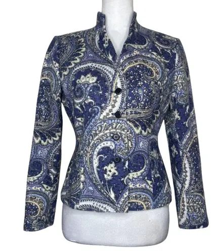 Kasper Women's Blue Paisley Button Up Lined Blazer Jacket Size 2 Petite
