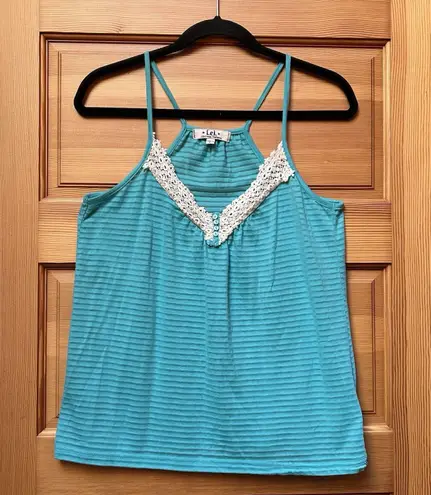 Vintage Y2K Fairy Boho Indie Teal Crochet Lace Sheer Henley Cami Top Size Large Green