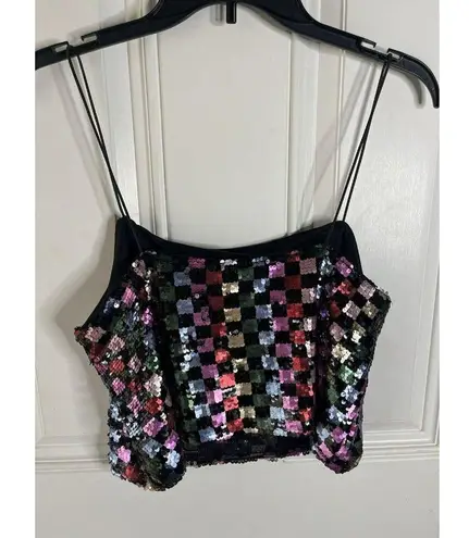 FORE NEW Celeste Checked Colorful Sequin Crop Top Size Large Women’s Black