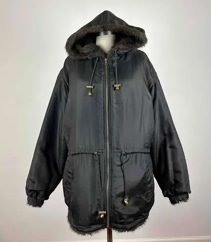 Charles Klein Hooded Reversible Faux Fur / Silk Coat Size 3X Black
