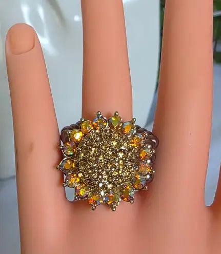 Rhinestone Sunflower Stretch Ring Gold