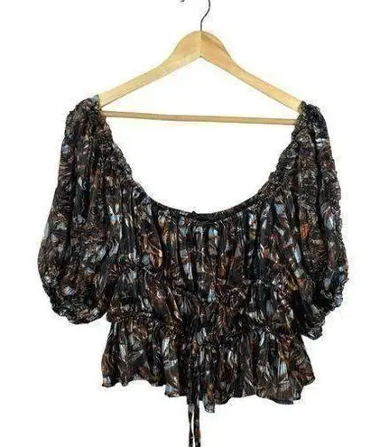 House of Harlow 1960 Revolve Metallic Abstract Puff Sleeve Blouse Brown Size L Size L