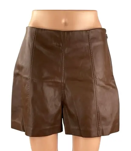 Meshki Women's Brown Fleece Lined High Rise Faux Leather Vegan Mini Shorts Sz M