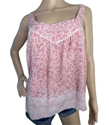 Maeve Anthropologie Pink and White Leaf Patterned Babydoll Tank Top