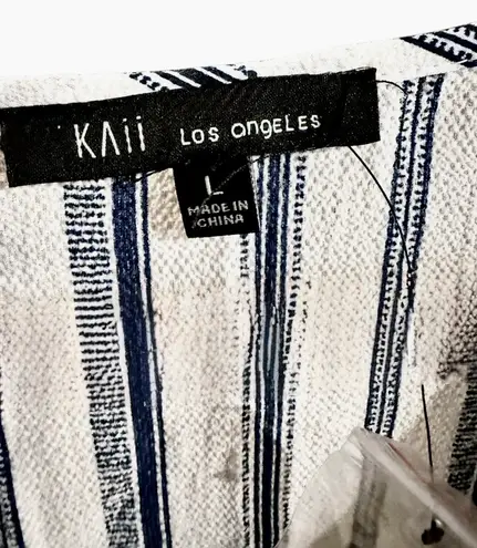 Kaii Los Angeles Tie Front , Roll Tab Sleeve, Blue Striped Blouse Size L
