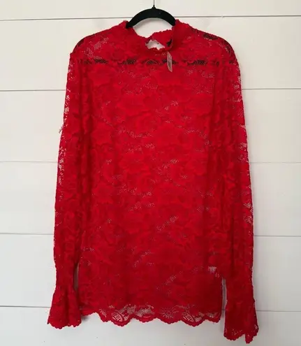 Women’s 2X Plus Size Red Lace Longsleeve Top Blouse New