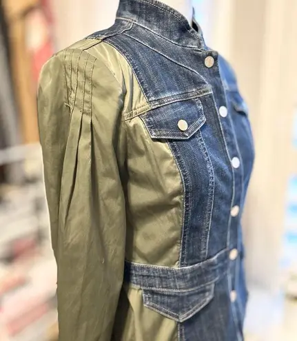 White House | Black Market WHBM Olive Green Pleated Sleeve Denim Jacket 4