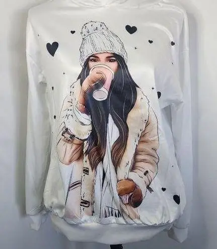 Boutique White Satiny Hoodie Shirt Girl Drinking Coffee