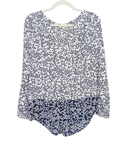 BODEN Navy White Print Maya Blouse Viscose Long Sleeve Split Neck Women's US 6 Blue