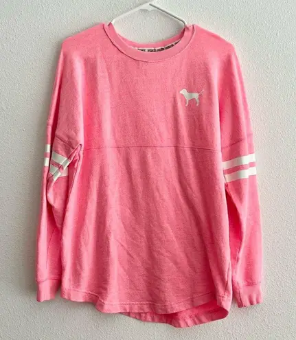 PINK - Victoria's Secret Victoria’s Secret PINK Coral Stripe Dog Logo Varsity Crew Neck Sweatshirt XS