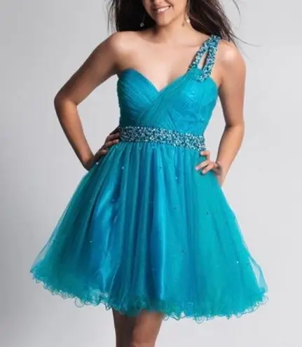 Dave and Johnny  Blue Embellished Short One Shoulder Cocktail Prom Dress Size 3/4