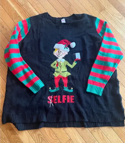 Holiday Time Ugly Christmas Sweater Elf Taking a Selfie Novelty Pullover Black Red Green 4X