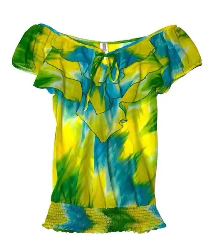 Cameo Off the Shoulder Waterfall Ruffle Drape Tie Dye Top Smocked 2X Yellow Green Blue