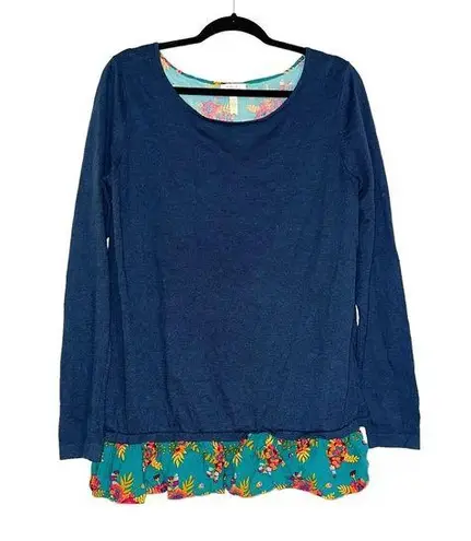 Matilda Jane Long Sleeve Mix Media Floral Twist Back Teal Sweater Top MEDIUM