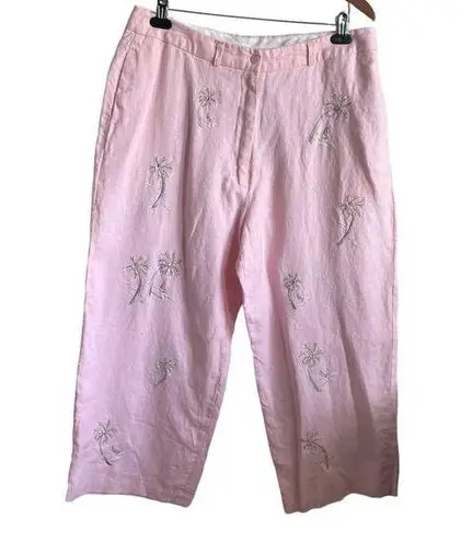 Saint Tropez West  Women Linen Crop Pants Palm Tree Print Size 16 Pink Beachy