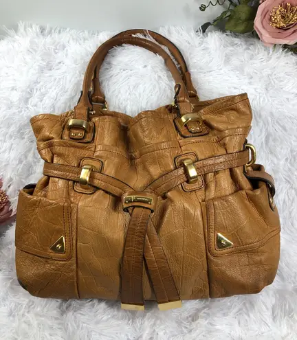 B Makowsky B. Makowsky Heavy Leather Shoulder Boho Handbag Camel Belted Magnetic Closure