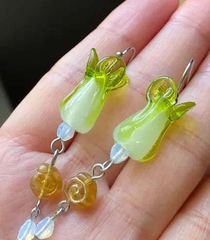Handmade natural Czech glass beads & lamp work cabbage funky boho fairy unique dangle earrings 💚🌀🥬