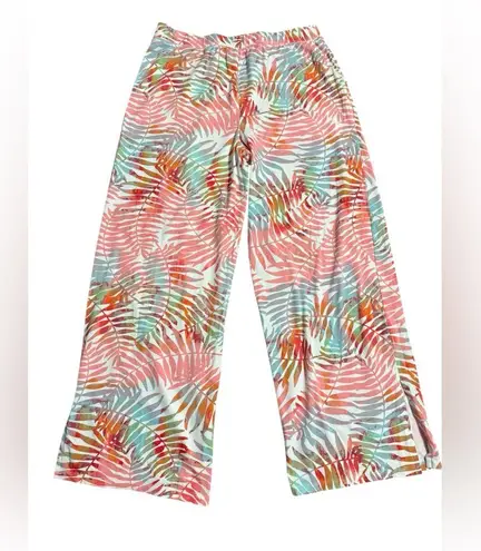 Tropical Leaf Print Wide Leg Beach Pants Boho Resort Vacation Trousers Sz M Pink Size M