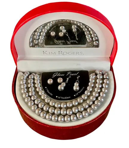kim rogers 0022 NWT Y2K Glass Pearl Jewelry Set in Silvery Gray w/Gift Box
