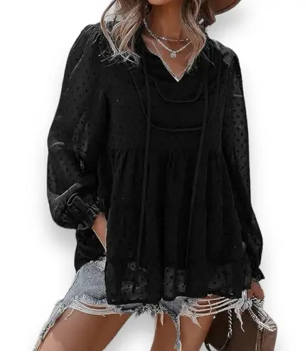 PRETTYGARDEN Women's V-neck Black Chiffon Long Sleeve Boho Blouse Large | EUC
