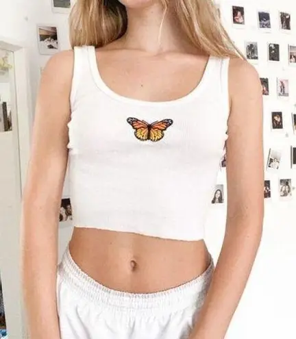 Brandy Melville Butterfly Embroidered White Ribbed Basic Tank Top Size Small