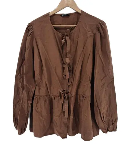Pretty Garden Womens Brown Long Sleeve Tie Front Peplum Blouse Top XXL Size undefined
