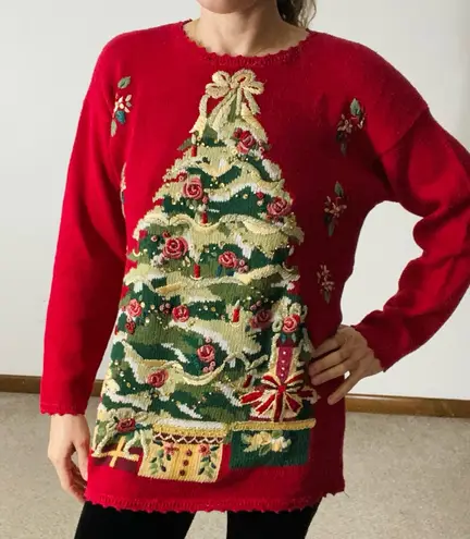 NEW VINTAGE CARLY ST. CLAIRE Embroidered Christmas Tree Sweater Red