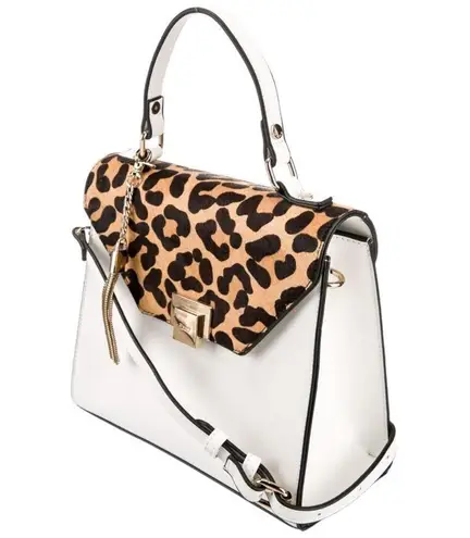 Dune London White Saffiano Leather Leopard Print Calf Hair Fur Trimmed Hand Bag