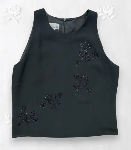 Early 2000's Whimsygoth Black Sheer Mesh Beaded Floral Embroidered Tank Top M Size M