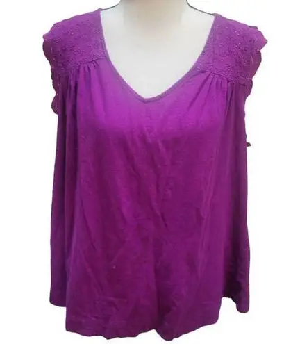 Terra & Sky  Women's Eyelet VNeck Blouse Shirt Top 100% Cotton Sz 0x (14w) Purple