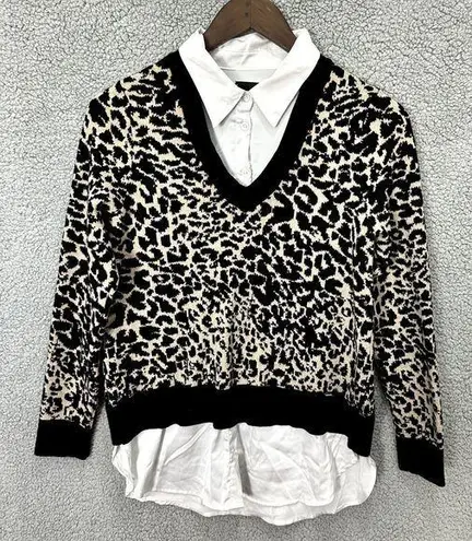 Tahari  animal print sweater mixed media satin button up medium mob wife preppy