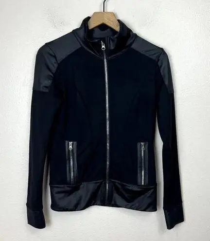 Alo Yoga  Black Moto Jacket Full Zip Size S Satin Trim Stretch Pockets Athleisure