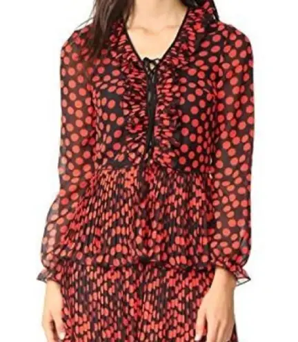 DELFI Collective KIKI lace up ruffled long sleeve ruffle Polk dot minidress XS Red