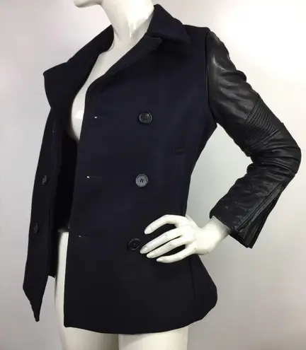 All Saints Zaskia Pea Coat Navy Wool Black Leather
Sleeves Double Breasted
