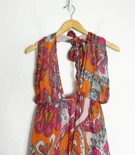 Sundress Amina Dress Size Large Fuchsia orange Print Halter Neck Asymmetric Hem