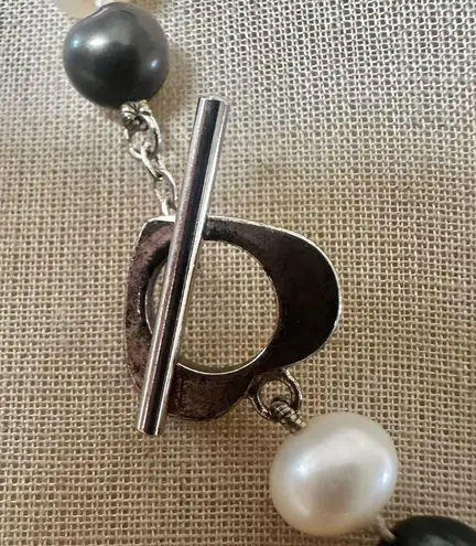 Knotted Freshwater Pearl Necklace White & Black Dyed Baroque Pearls Toggle Clasp
