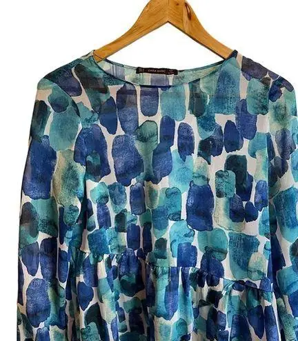 ZARA  Basic’s Women’s Sheer Long Sleeve Blouse, Blue Color Block Paint Pattern‎