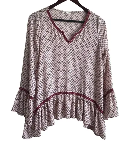 About A Girl Women Top M Maroon Flouncy Hem Floral Print Boho Festival Hippie