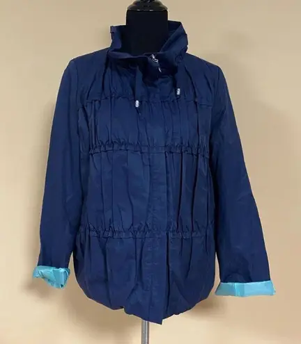 Tahari 🛍️ Navy Blue Mint 3/4 Sleeve Hoodless High Collar Ruffle Frill Jacket L