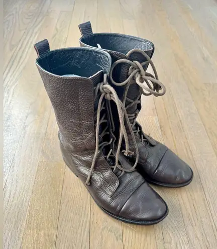 A SOLIANI MILANO Gothic Core Combat Brown Pebbled Leather Lace Up Boots SZ 36.5