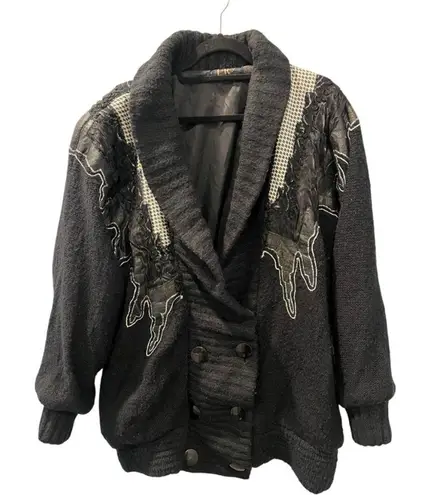 Vintage 80's LeRoy Knitwear Wool Knit Sweater Size XL Black Embroidered Lace