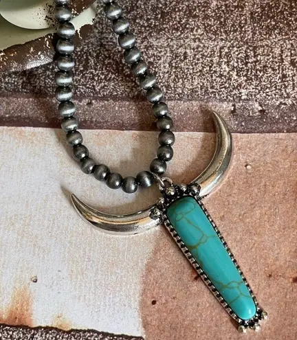New Blue and Silver Longhorn Pendant on 18” Beaded Navajo Style Chain