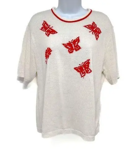 Vintage 80s 90s Butterfly Embroidered Knit Sweater Top Southern Lady Oversized Red Size L