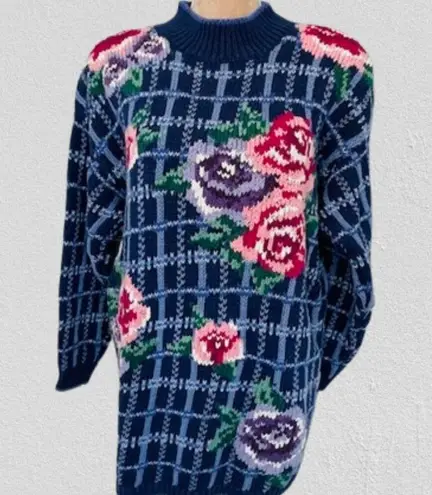 Harvé Benard Vintage 80's Hand Knit Chunky Turtleneck Floral Cottagecore Sweater L/XL