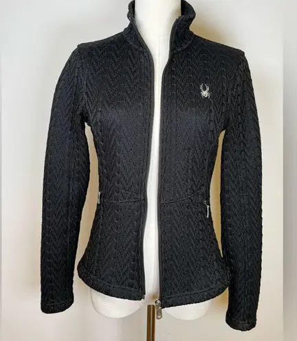Spyder Black Cable Knit Full Zip Fleece Lined Sweater Jacket Women’s Size XS