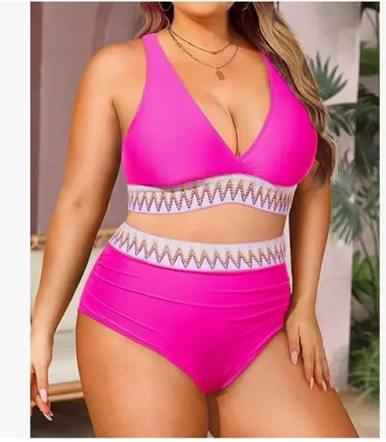 Yonique Plus Size Two Piece Bikini High Waisted Tummy Control Swimsuit Black Pink
