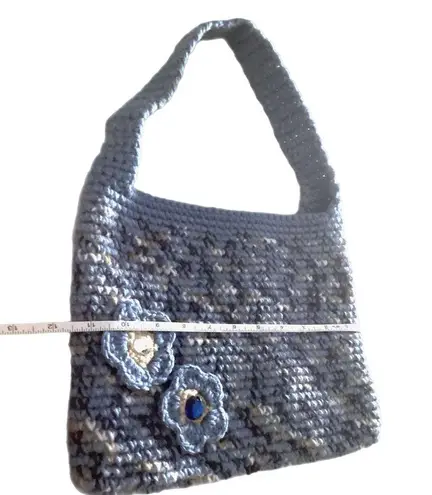 Handmade Adorable Crochet Blue & Gray Blended Purse. Connected Shoulder Handle bag