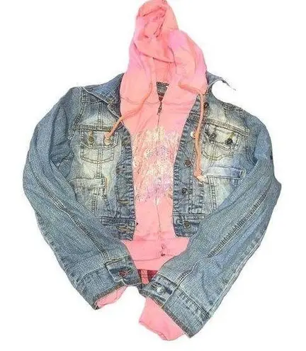 Y2k Mcbling twofer denim pink cropped hoodie jacket Blue Size L